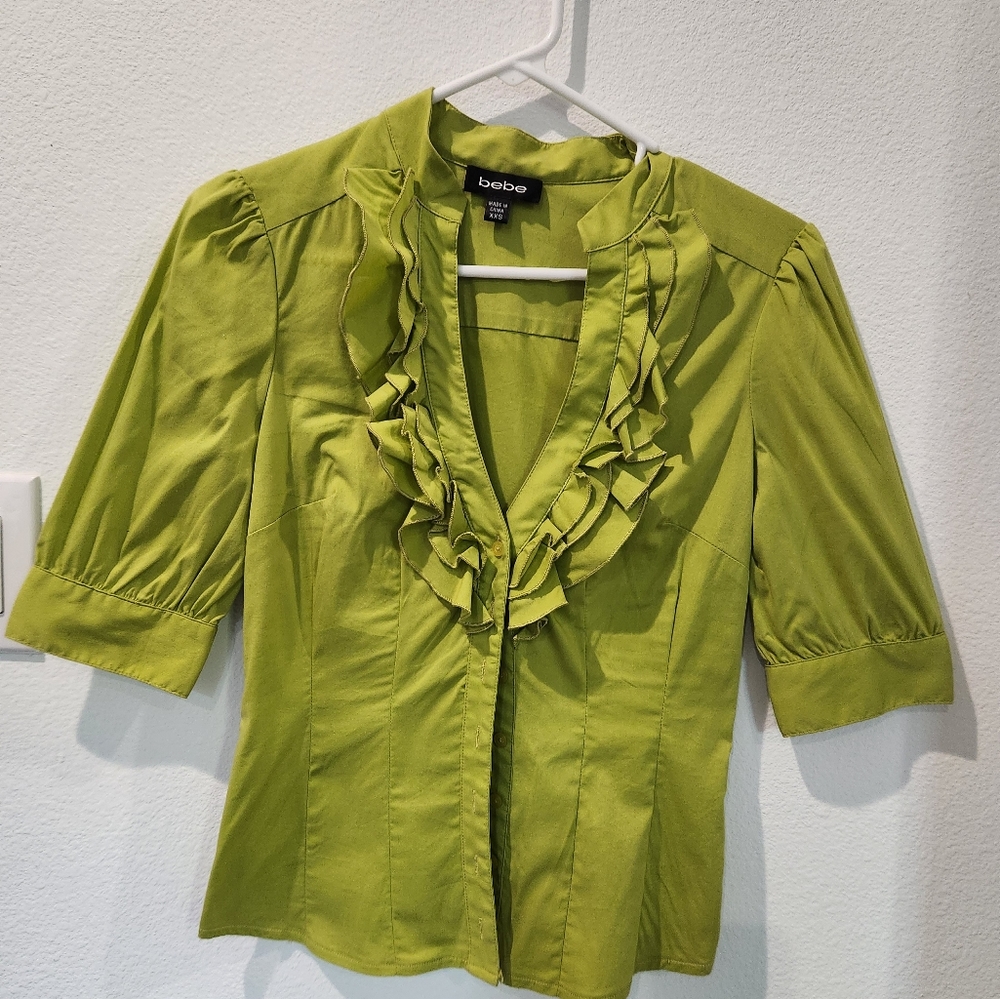 Vintage bebe 00s XXS Ruffled Button-down Blouse in Shimmer Moss Color